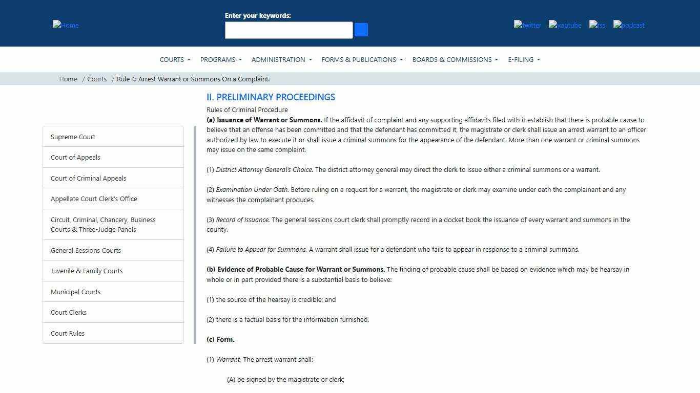 Rule 4: Arrest Warrant or Summons on a Complaint. Tennessee Administrative Office of the Courts